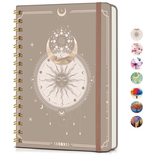 PAPEJOON Lined Spiral Journal Notebook for Women, A5 Cute Hardcover Spiral Journals for Writing, 150 Pages Pretty College Ruled Notebooks for Work & Note Taking, 5.75" x 8.38", Boho Sun & Moon