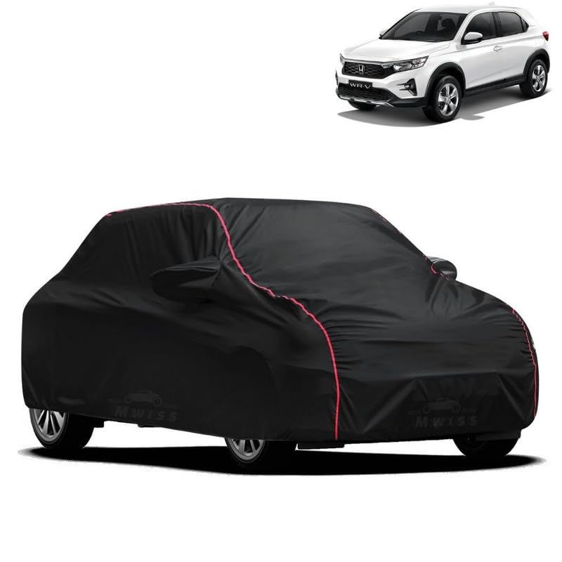 Image of Waterproof Car Cover for Honda City WR V | All-Weather Protection, Dustproof & UV Resistant | Triple Stitched Mirror Pockets, Windproof Buckle Strap with Elastic Hem, Black-Red Piping