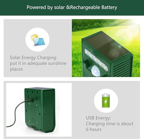 2024 2x Solar Tiervertreiber, Katzenschreck Ultraschall, Solarbetriebene-USB-Aufladung Ultraschall Tierabwehr, Wasserdicht Hundeschreck mit PIR-Bewegungssensor für Draußen Katzenschreck Marderschreck – Bild 4