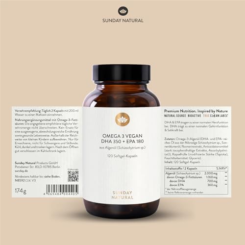 SUNDAY NATURAL® Omega 3 Vegan Forte - 120 Softgel Kapseln - 2.000 mg Algenöl pro Tagesdosis: 700 mg DHA + 360 mg EPA - Omega 3 Kapseln - Laborgeprüft