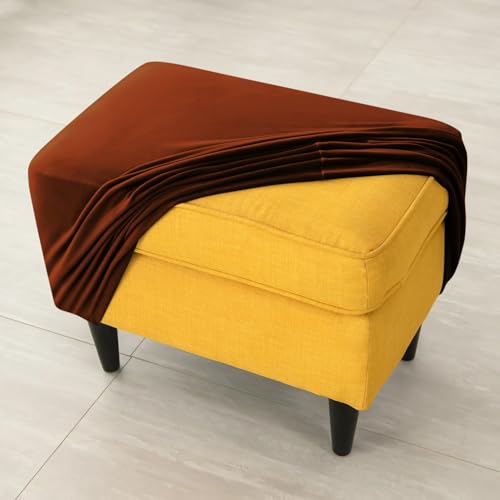 Image of HOKIPO 210 GSM Premium Velvet Stretchable Ottoman Foot Rest Stool Cover, Rustic Brown (NEW-4801-RBR)