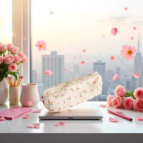 Image of Pink Women Fresh Style Pencil Bag Flower Floral Canvas Large Pen Pencil Pouch Bag Pencil Case Pen Holder Coin Pouch, Simple Cosmetic Storage Bags Makeup Bag Office Stationery Organizer