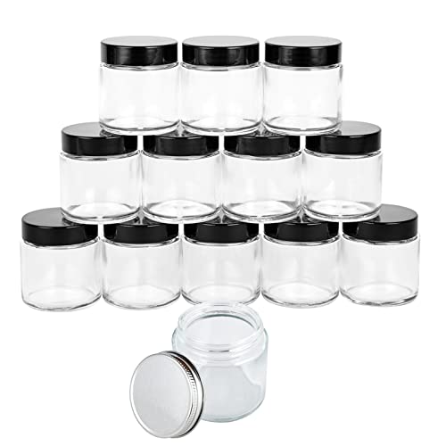 4Oz Clear Round Glass Jars (12 Pack), Empty Cosmetic Containers With Inner Liners And 12 Black Lids & 12 Silver Lids For Slime, Beauty Products, Cosmetic, Lotion, Powders And Ointments (4Oz-12Pack) #TOP6