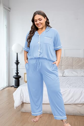 Image of Vozanet Women's Plus Size Pajamas Button Down Shirt and Pants Soft Lounge Sets Bride Nighty Bottom with Pockets 1x to 5x