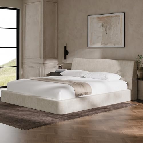 Image of RECCI AirFrame California King Bed Frame with Ergonomic Angled Headboard, 360 Cushioned Platform Bed Frame, Low Profile Minimalist Soft-Frame Bed, No Box Spring Needed, Easy Assembly, Beige Chenille