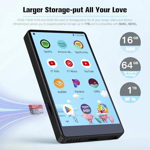 Image of MP3 Player with Bluetooth and WiFi,MP3 MP4 Player for Kids with Spotify, YouTube, Audible, 4.0 inch HD Touch Screen Android Music Player with Parental Controls, 2000mAh (16GB+128GB, Black, 4inch)