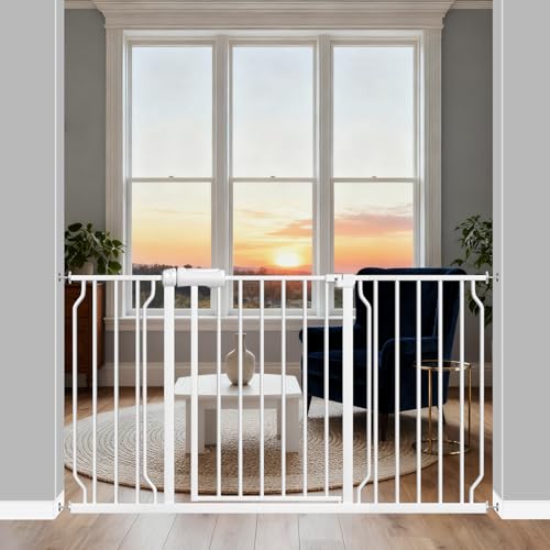 ALLAIBB Extra Wide Pressure Mounted Baby Gate Walk Through Child Kids Safety Toddler Tension White Long Large Pet Dog Gates with Extension for doorways Kitchen (52.76-57.48