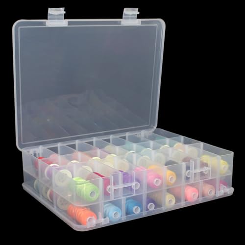 Image of 48 Grids Sewing Storage Box Double-Sided Storage Organizer Portable Thread Box Storage Clear Plastic Organizer Box for Embroidery and Sewing Threads, Beads, Small Crafts