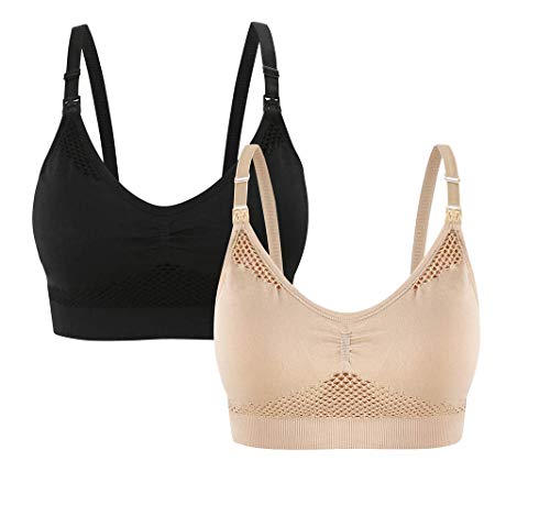 Oliked Soutien-Gorge de maternité sans Couture Femmes allaitant (Lot de 3 / Lot de 4) (XXL, 2 Pack(Black+Beige)) Cover
