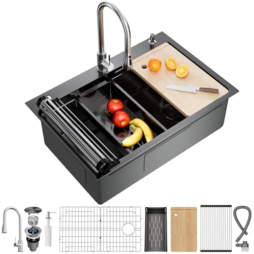 CAMMOO 33X22 Drop In Kitchen Sink, Nano 304 Stainless Steel Workstation Sink, Pop-Up Drain, Upgraded Fast Drain & Anti-Clog, Topmount Single Bowl with Accessories, Foldable Grid, black sink