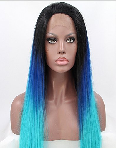 K'ryssma® Half Hand Tied Lace Front Silky Straight Ombre 3 Tone (Black, Purple, Blue) Heat Resistant Synthetic Hair Cosplay Wigs 24 Inches