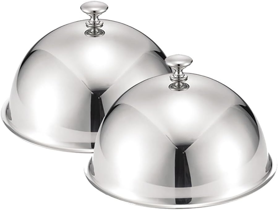 Cheese Melting Dome 2 pcs Stainless Steel Restaurant Cloche Serving Dish Food Cover Dome Plate Covers to Keep Food Warm Silver, 28cm