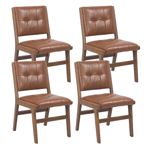 Image of KCC Modern PU Leather Dining Chairs Set of 4, Upholstered Kitchen Chairs with Solid Wood Legs and Comfortable Seat for Dining Room Lounge Bedroom(Brown)