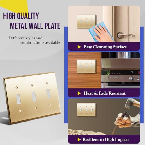 ENERLITES Toggle Light Switch Metal Wall Plate, Stainless Steel 201, Corrosion Resistant, Size 3-Gang 4.50" x 6.38", 7713-PB, Polished Brass, Gold by ENERLITES - Image 4