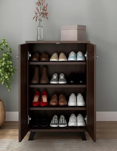 Image of LERIMO 2-Door Engineered Wood Shoe Rack, 4-Tier Wooden Shoe Rack for Entryway, Shoe Storage Cabinet with Doors Adjustable Shelves, Wooden Shoes Rack Organizer (Brown, 2 Door)