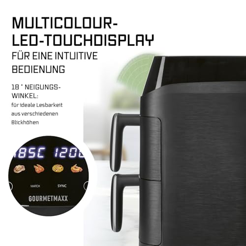GOURMETmaxx FryUp Vertikale Doppelkammer Heißluftfritteuse XS | Airfryer mit MultiColour-LED-Touchdisplay | Heißluftfritteuse 2 Kammern, 5 L Volumen (2x2,5L) | Heissluftfritteuse Doppelkammer 2 Ebenen 3