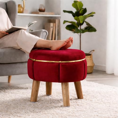 Image of Velvet Upholstered Round Ottoman Footstool | Anti-Slip Feet | Multipurpose Footrest, Step Stool & Vanity Seating & Decor | 40 x 30 cm (16 x 12 Inch) | Maroon