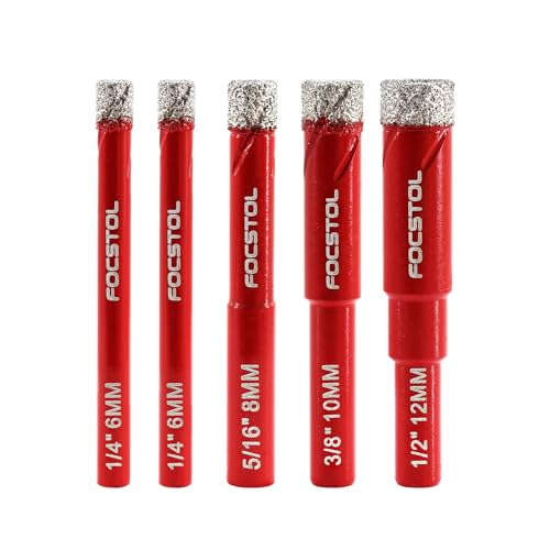 Dry Diamond Drill Bits Set - FOCSTOL 5pcs 6/6/8/10/12mm Diamond Hole Saw Kit with Round Shank for Ceramic Porcelain Tile Marble Granite