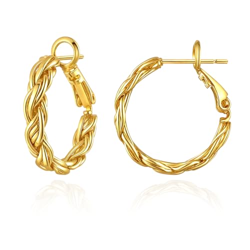 Twisted Gold Hoop Earrings for Women, 14K Gold Plated,...