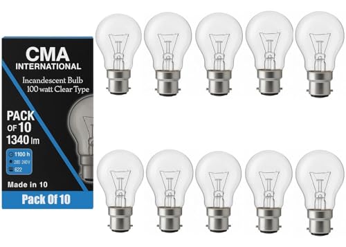 CMA 100 Watt Clear Light Bulbs GLS Lamps - BC/B22-E27 Bayonet Base - 240V - Warm White - 10 Pack