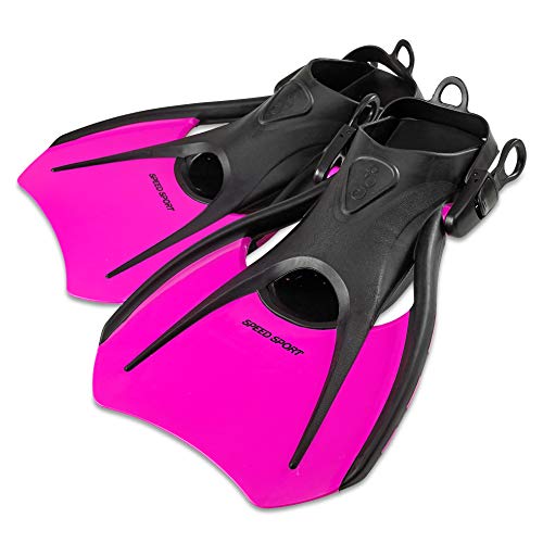 Phantom Aquatics Snorkel Fins, Swim Fins Travel Size Short Adjustable for Snorkeling Diving Adult Men Women Kids Open Heel Swimming Flippers + Net Carry Bag (Pink, Small (US Men's 4-7))