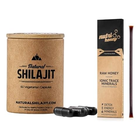 Natural Shilajit Capsules (1-2 Months Supply) - 60 Count & Shilajit Honey Sticks - Natural Shilajit Resin Mixed with Raw Honey (7 Sticks) Cover