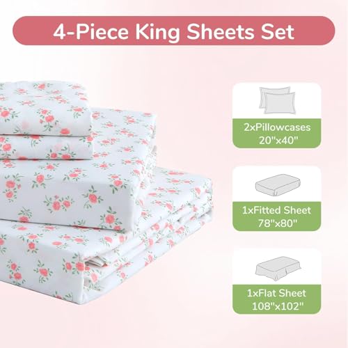 Image of MUXHOMO King Size 4 Piece Sheet Set, Soft Breathable Bed Sheet Set for Bedroom with Deep Pocket Up to 16 inch, Wrinkle-Free & Cooling Bedding for Oeko-TEX Certified - Floral Pink