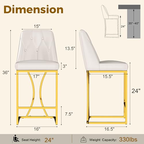 Image of LSSBOUGHT Counter Height Bar Stools Set of 2 24'' Upholstered Padded Barstools with Back Glam Kitchen Island Chairs with Golden Metal Iron Frame (White-Button-Gold Leg, 4PCS)