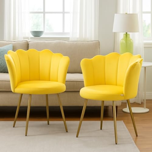 Image of Set of 2 Accent Chair for Living Room | Modern Armchair in Soft Velvet Fabric with Sturdy Legs | Premium Chair for Home Living Room Bedroom Restaurent | (Flower Design, Yellow)