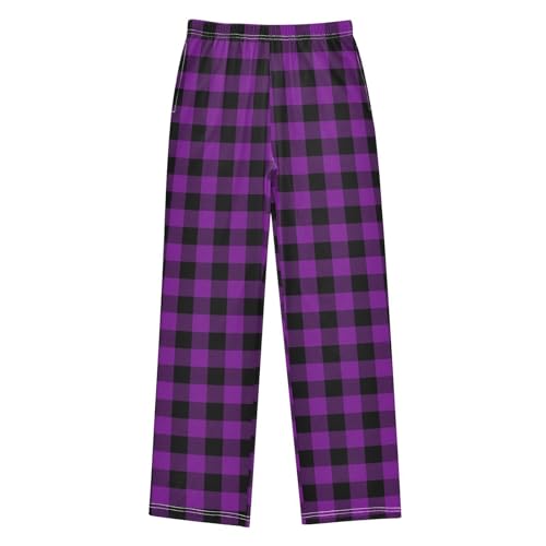 CaTaKu Boys Purple Buffalo Plaid Pants for Boys Girls Wide Leg Sweatpants Kids Long Bottoms with Pockets Size 6-14Y