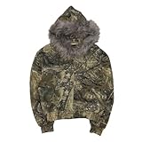 JoinQueen Fur Hood Jacket Camo Hoodie Long Sleeve Zip Up Oversized Jackets Y2K Streetwear Hoodie Goth Hoodies with Pockets(Forest-Camo,M)