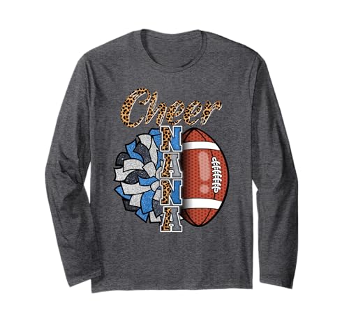 Football Cheer Nana Grandma Blue White Pom Pom Leopard Long Sleeve T-Shirt