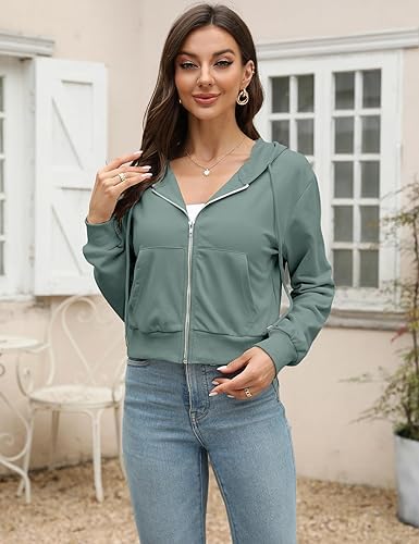 Image of Casual Wear Solid Crop Zipper Jacket Hooded Neck Full Sleeves with Kangaroo Pocket Hoodie for Women