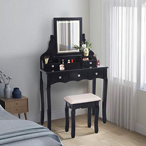 SCYL Color Your Life Vanity Table Set with Lighted Mirror,3 Colors Light,Makeup Dressing Table with 5 Drawers & Cushioned Stool,Removable Organizers for Women, Girls,Bedroom (Black)