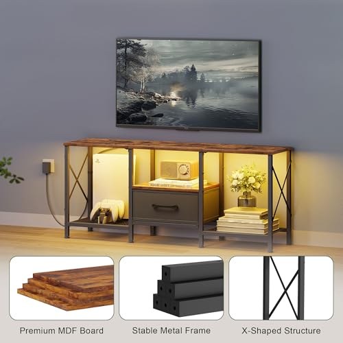 LED TV Stand with Fabric Drawer, Entertainment Center for 50 55 Inch TV, Industrial TV Console Table with Open Storage Shelves for Living Room, Bedroom, Rustic Brown - Image 6