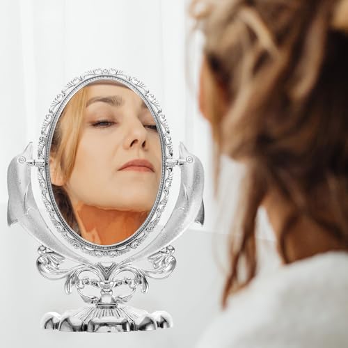 Espejo de maquillaje giratorio doble para escritorio miniatura 4