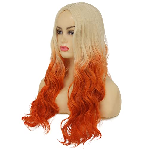 Image of Swiking Blonde Ombre Orange Long Curly Wig Oange Wave Wig Synthetic Middle Part Fluffy Hair Halloween Cosplay Party Costume Wigs