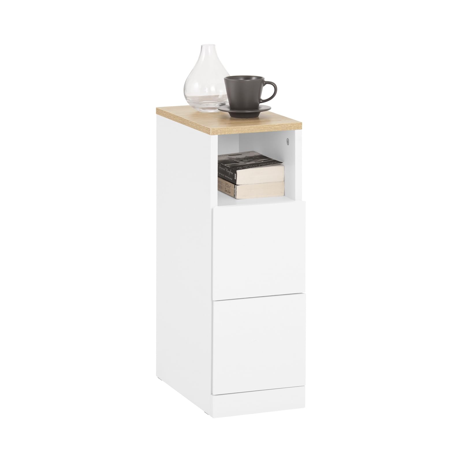 SoBuy comodino camera da letto stretto 20 cm, 2 cassetti tavolino da letto & tavolino salotto, salvaspazio per spazi stretti, ideale per inquilini e letto a molle, bianco, 20x35x60 cm, FBT149-WN