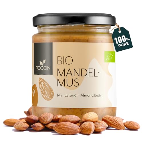 FOODIN Bio Mandelmus braun im Glas, Mandelbutter, ausgezeichnete Protein- und Fettsäurenquelle, 100% biologisch, glutenfrei und vegan (250g)