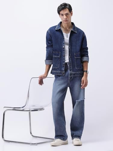 Image of Urbano Fashion Men's Relaxed Fit Full Sleeve Utility Denim Jacket