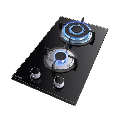 Hermitlux Plaque de Cuisson Gaz 2 Feux Encastrable, 4300W, 30cm, Gaz Ville et Bouteille, Verre Noir