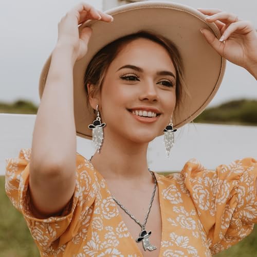 2pcs Western Earrings Necklace Jewelry Set,Sparkly Rhinestone Tassels Cowgirl Earrings+Crystal Boots with Enamel Cowboy Hat Pendant Necklac for Women,Wild West Country Rustic Style4