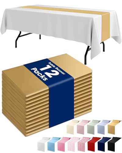 Pureegg Gold Plastic Table Runners - 12 Pack, 14'' x 108'', Water Resistant & Disposable Centerpiece Decorations for Table Cloth, Wedding, Birthday, Holiday, Baby Shower, Party, Home Decor
