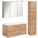 FACKELMANN braunes Badmöbel Set B.Perfekt 3-TLG. mit Waschtisch Unterschrank inkl. Keramikbecken hängend 100 cm & LED Spiegelschrank