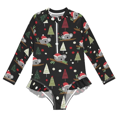 ALAZA Toddler Swimsuit Girl Bathing Suit Swimwear Rash Guard Koala Santa Hat Long Sleeve 3T