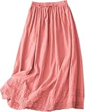 SANGTREE Women's Lace Cotton Linen Skirt Drawstring Waist A Line Beach Flowy Long Skirts, Lace Pink, Small