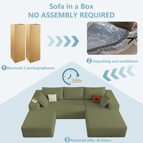 Image of 96 inch Boneless Cloud Sectional Couch Modular Sofa with Ottoman | Modern U-Shaped Couches, Comfy Corduroy Memory Foam Sofas with Oversized Chaise for Living Room (Green,Right-Facing Chaise)