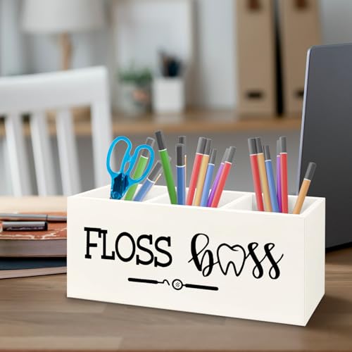 Image of Dentist Dental Hygienist Gifts Wooden Pen Pencil Holder for Office Desk Accessories, Funny Dental Gifts, Floss Boss Makeup Brush Toothbrush Holder Organizer for Bathroom