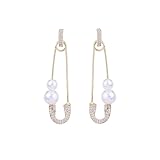 CFWSHJ Pendientes colgantes de oro macizo de 14 quilates sobre plata de ley S925, cristal moderno y perlas cultivadas de agua dulce, diseño en forma de alfiler, joyería elegante y de moda, regalo para