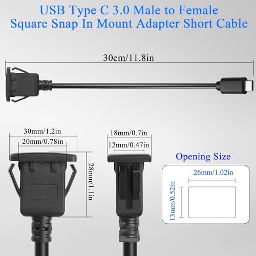 QIANRENON 5 Gb/s USB C kwadratowy adapter zatrzaskowy szybkie ładowanie krótki kabel PD60W USB typu C 3.0 męski na żeński wbudowany kabel przedłużający do montażu panelowego 20 V 3A, do deski